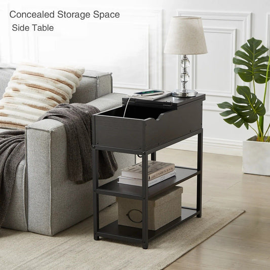 Compact 3-Tier Sofa Side Table with Powerboard, Black